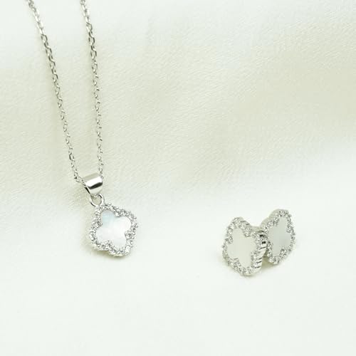 SHINYY Four Leaf Crystal Clover Necklace Earring Set for Women 18K Gold Plated Stainless Steel Cubic Zirconia Pendant 4 Leaf Lucky Ear Studs Jewelry Gift for Mother and Daughter (White Silver Set) by SHINYY - Used condition - Image 3