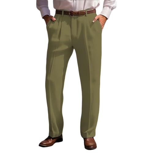 YYFew Men’s Linen Leisure Dress Pants Pleated Summer Casual Pants Loose Fit Breathable Beach Vacation Pants Long Olive Green