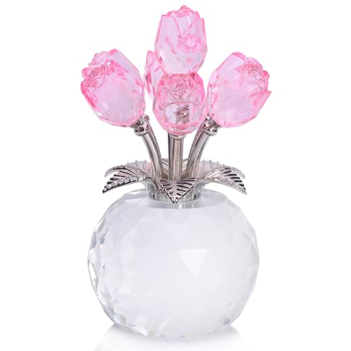 Estatua de Cristal de Flor de Rosa Rosa con jarrón Redondo, Día de la Madre, Día de San Valentín, Navidad, Regalo romántico para Esposa Madre, Estatua de colección de Rosas de Cristal