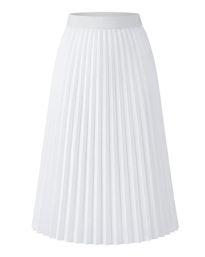 Shestellar Womens High Waist Pleated Chiffon Lined A-Line Midi Skirt - White L