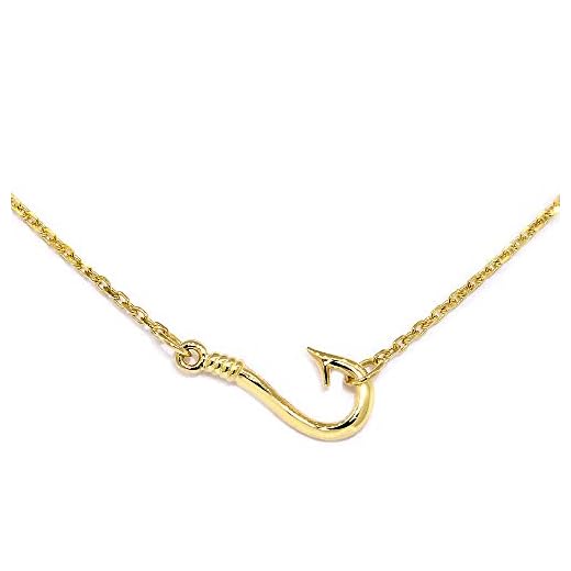 12mm Fishermans Barbed Hook and Knot Fishing Charm Necklace 17 Inches in 14K Yellow Gold