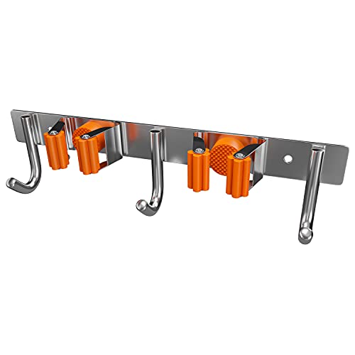 Sayoneyes Screw And Adhesive Broom Holder Wall Mount - Heavy Duty Sus304 Stainless Steel Broom And Mop Holder For Laundry Room, Garden, Garage (2 Racks 3 Hooks - Orange) #TOP13