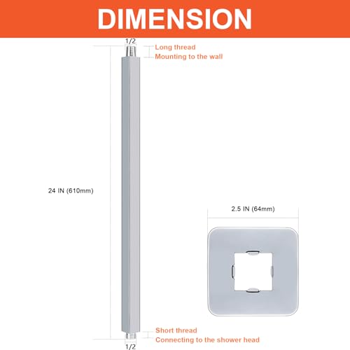 Image of Ceiling Mounted Shower Arm, Rain Shower Square Extension Arm with Flange and Teflon Tape Stainless Steel Ceiling Mount Shower Extender (24 Inch, Chrome)