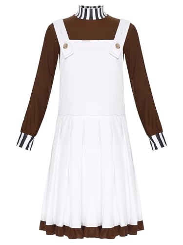 Yruioon Vestido de fábrica de chocolate para niña, con camiseta de manga larga, para cosplay, Halloween, carnaval, fiesta, baile, marrón/blanco, 146-152