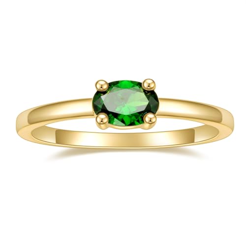 SHINYSO 14K Gold Plated Engagement Ring for Women Created Green Emerald Solitaire Emerald Oval Marquise Cut Wedding Band Promise Ring for Her Size 5-10 (Oval size 4)