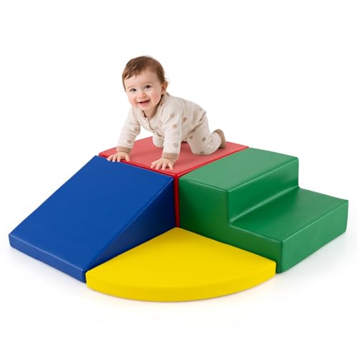 COSTWAY 4 TLG. Schaumstoffbausteine, Riesenbausteine zum Toben und Klettern, Softbausteine aus Schaumstoff, Großbausteine, Bauklötze für Kinder im Vorschulalter, Babys und Schulkinder (Rot-bunt)