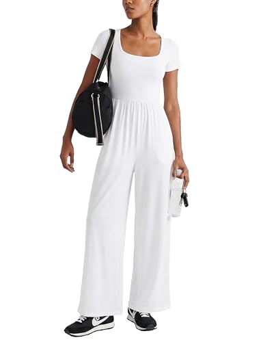 MAKABO White Jumpsuits for Women Short Sleeve Wide Leg Rompers Pockets Lightweight Lounge Fashion Comfy Spring Outfits, M