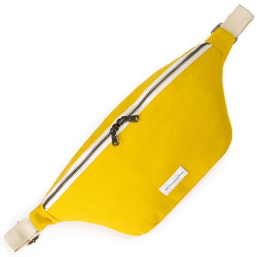 Image of The Peacock Crew Canvas Crossbody Sling Bag for Men & Women - Adjustable Strap, Dual Zippers Left /Right Handed, Secure Everyday Travel Fanny Pack Shoulder Pouch, Trekker Yellow Gold, 14.5 x 6.3 x 3.6