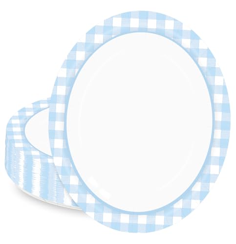 HEIPINIUYE 50 Pieces Light Blue Gingham Oval Paper Plates 10 X 12 Inch Blue and White Plates Disposable Dinner Plates for Picnic Wedding Baby Shower Birthday Party Dessert Plates