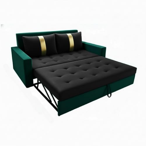 Image of FURNY Tressa 2 Seater Fabric Pull-Out Sofa Cum Bed (Black-Greenish Teal) Premium Velvet Finish | Durable Comfort | Ideal for Living Room