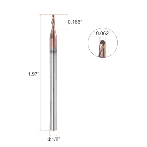Image of HARFINGTON Ball Nose End Mill 2 Flute 0.062 inch Diameter 1 /8 inch Shank Tungsten Carbide Uncoated Spiral CNC Router Bits 0.186 inch Cutting Length Single End Ball for Carving Engraving Grinding
