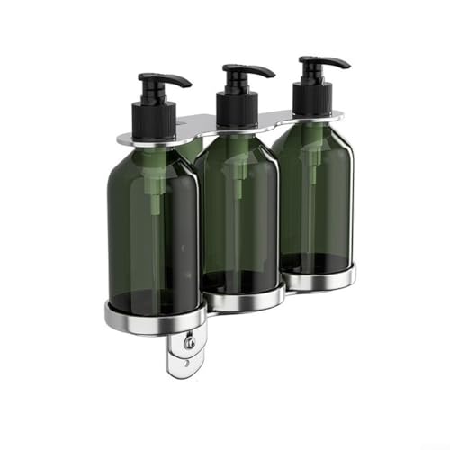 Volakebeing Dispensador de jabón manual montado en la pared con soporte para champú, gel de ducha, capacidad de 300 ml, acero inoxidable y plástico (3 botellas)