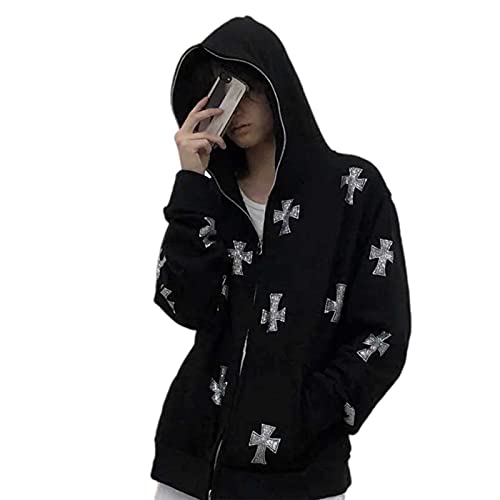 Women Hip Hop Joggers Zip Hoodie Korean Fashion Punk Sport Coat Pullover Rhinestone Gothic Long Sleeve Sweatshirt Y2K Jacket(Cross,M)