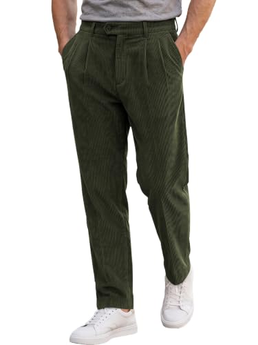 JMIERR Men's Corduroy Pants Stretch Relaxed Fit Pleated Trousers,Green,L