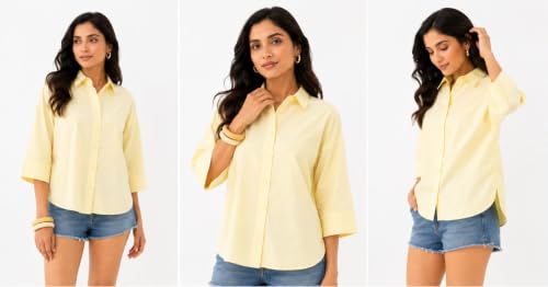 Image of Women's Butter Yellow Cotton Poplin Shirt | Quarter Sleeves | Relaxed Fit | Crispy Cotton Fabric | Button Down Collar | Casual Shirt | Classic Solid Colour |