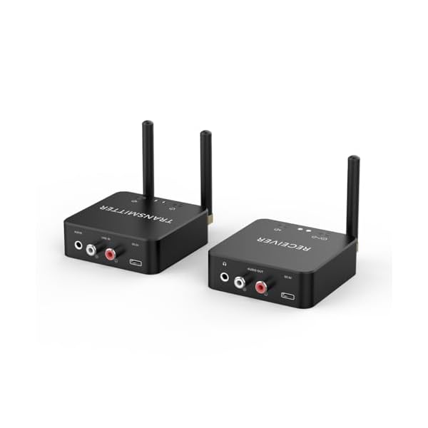 5.8GHz&5.2GHz Dual-Band Wireless Audio Transmitter Receiver for TV/PC, 160ft Long Range 0.018s Low Latency with bulit-in 2.4G Bluetooth 5.3 Receiver, Wireless Adapter Kit with RCA(3.5mm) Out/Input