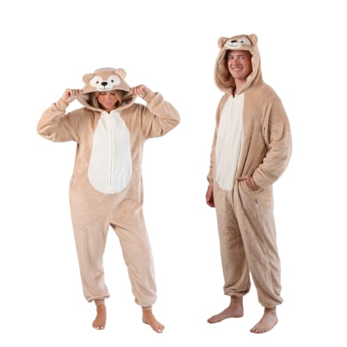 Image of Funziez! Tan Sherpa Bear Adult Onesie - Animal Halloween Costume - Plush Teddy One Piece Cosplay Suit for Adults, Women and Men (M)