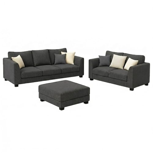Image of SOCOZI Trevano 5 Seater Sofa Set with Ottoman (3 Seater + 2 Seater + Ottoman) | Soft Velvet Suede Fabric | Plush Comfort Cushions for Living Room (Dark Grey)