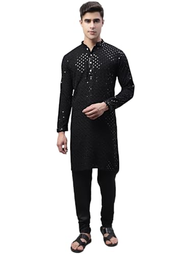 Jompers Mens Black Chikankari Embroidered And Sequence Kurta Churidar Set (Black, S)
