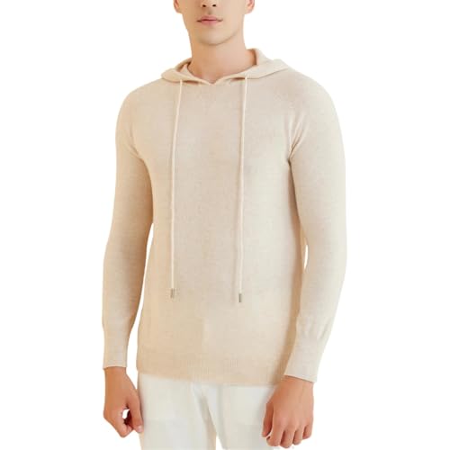 Men's Knit Hoodie Sweater 100% Merino Wool Knit Hooded Sweater Fall Winter Warm Long Sleeve Pullover