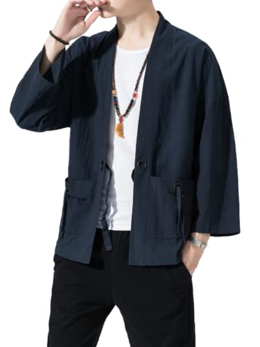 Image of Men's Japanese Kimono Cardigan Loose Cotton Linen 3 /4 Sleeve Open Front Casual Summer Shirt Jackets