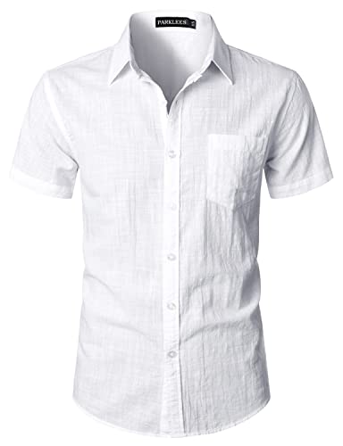 PARKLEES Men’s Fitted Cotton Linen Casual Short Sleeve Button Up Shirts Lightweight Beach Tops with Pocket