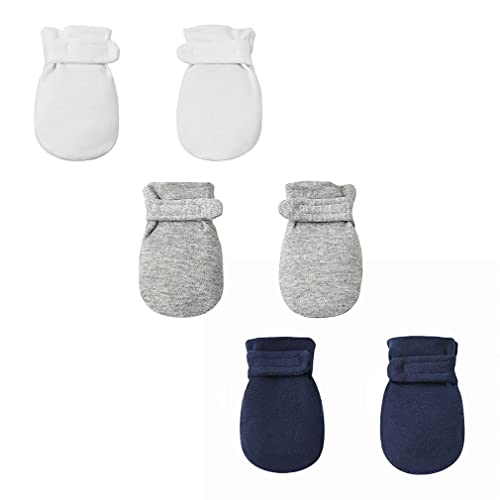 Newborn Baby No Scratch Mittens Stay On, 100% Cotton Breathable, Adjustable Infant Gloves For Baby Boys Girls Mittens (0-3 Months, White/Navy/Gray) #TOP13