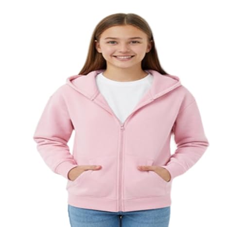CasualKing Kids' Full-Zip Fleece Hoodie | Girls' Basic Soft Sweatshirt Jacket with Pockets | Versatile Colors for School & Play (UK, Age, 11 Years, 12 Years, Regular, Pink)