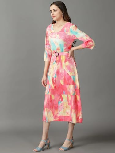 Image of SHOWOFFFF Women Colourblocked Fit and Flare Casual Dress | Round Neck 3 /4th Sleeves Cotton Dress for Womens | Midi Dress for Women's