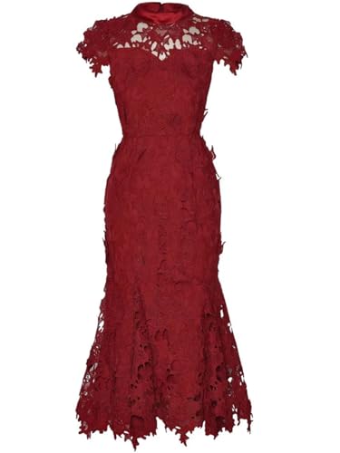 Women Fishtail Dress Round Neck Hollow Out Lace Waist Bag