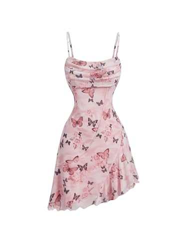 Image of Floerns Women's Butterfly Ruched Beach Summer Dress Asymmetrical Cami Short Dress