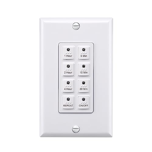 BN-LINK Countdown Digital in-Wall Timer Switch with Push Button 5-15-30-60mins, 2-4hours,for Bathroom Fan,in-Wall Light Timer, Neutral Required, Free Wall Plate, White