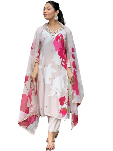 Image of Naixa Women's Natural Crepe Embroidered and Printed Straight Kurta with Pant and Dupatta Sets (M-Meghna)