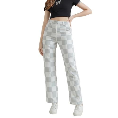 WDIRARA Girl's Checkered High Waisted Denim Pants Straight Leg Jeans
