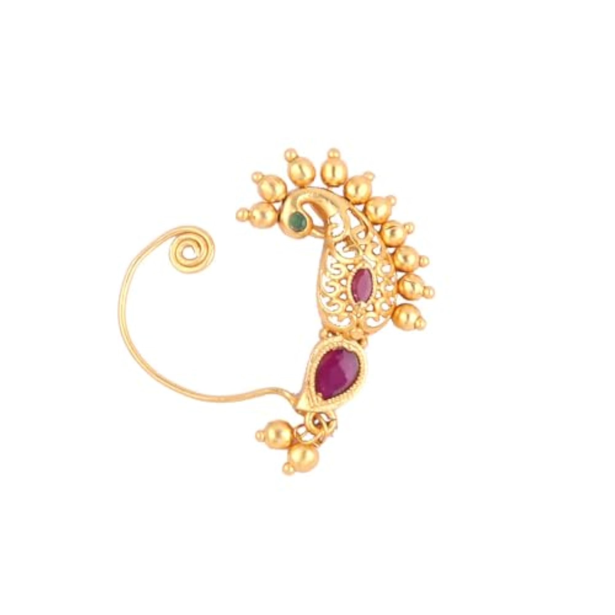 Women's Gold Plated Peacock Design Cultural Nath with Ruby Stone