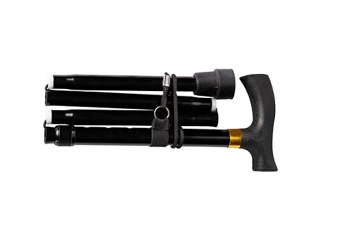 Bastón Plegable de Aluminio Negro – Empuñadura Ergonómica Soft Touch y Contera de Goma XL Antideslizante para Todo Terreno – Ligero, Ajustable 84-95cm y Portátil para el Bolso o Maleta (657S)