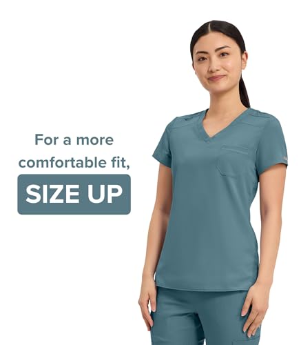Image of Med Couture Women's V-Neck Scrub Top, Modern Fit Tuck-in Top with Stretchy Rib-Knit Shoulders and Chest Pocket - MC7448