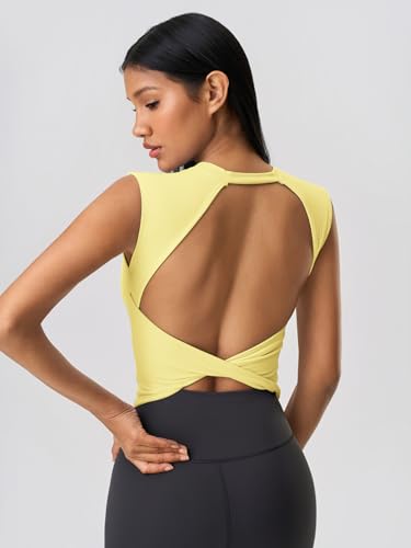 Image of ABOCIW Women Twist Back Workout Top with Built in Bra Cap Sleeve Pilates Yoga Crop Top Athletic Gym Shirt
