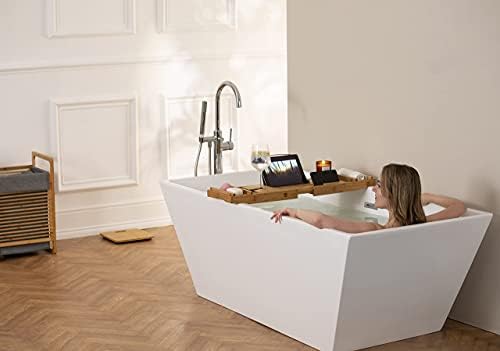 Homiu Bath Caddy Bamboo Expandable 100% Natural Bamboo Wooden Bathtub Tray with Book and Tablet Stand Wine Glass Holder Luxury Organiser for Bathroom Home Spa