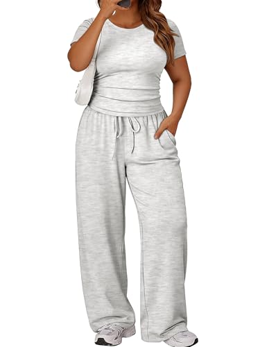Chulianyouhuo Plus Size 2 Piece Sets for Curvy Women Lounge Set Matching Ruched Crew Neck Shirt Wide Leg Pant 2026 Summer Tracksuit (Grey 2X)