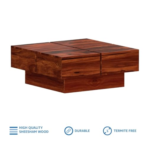 Image of Sheesham Wood Square Coffee Table | Coffee Table for Living Room | Coffee Table Small | Center Table | Center Table for Home & Office | Finish Color:- Rustic Teak