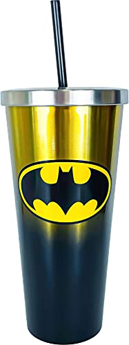 Image of Spoontiques DC Comics Stainless Steel Tumbler, 24oz - Double Wall Insulated Travel Cup with Straw - Batman