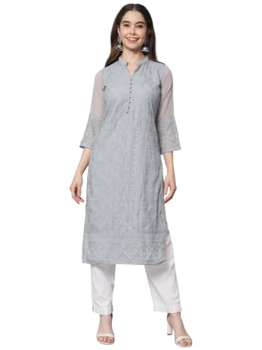 Image of Ekasya Women's Georgette Embroidered Work Kurta with Notch Neck 3 /4 Sleeves Straight Cut Calf Length | E1547
