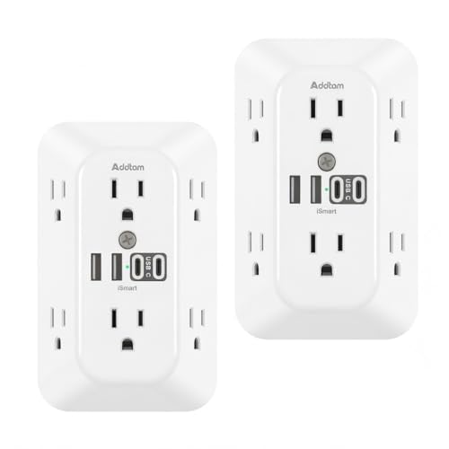 Image of Addtam 6-Outlet Extender Surge Protector, Multi Plug Wall Outlet with 4 USB Wall Charger(2 USB C Ports), Plug Extension Outlet with 1800J, Outlet Splitter Power Strip for Home Office, 2 Pack, White