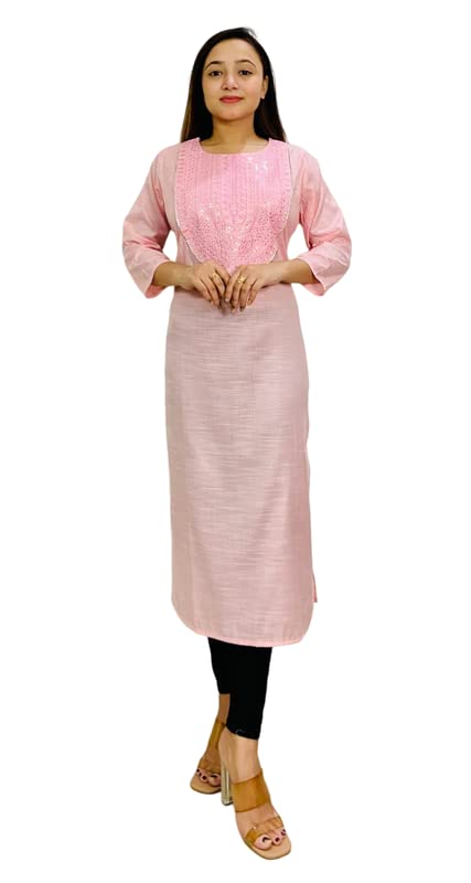 Mahera Fashions Women's Cotton Regular Fit Kurta (Pink)