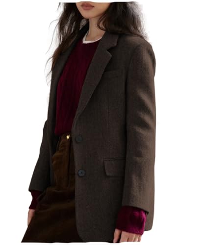 Women Suit Blazer Herringbone Pattern Woolen Coat Ladies Mid- Length Professional Casual Retro Only Jacket