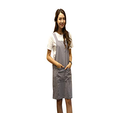 Japanese Style Apron, X Cross Back Strap Aprons, No Tie Design Linen and Cotton Blend Apron with Two Practical Front Pockets,Perfect for Baking Painting Gardening Cleaning,Women's Present (Light Gray)