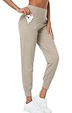 Oalka Women's Joggers High Waist Yoga Pockets Sweatpants Sport Workout Pants Khaki Brown M
