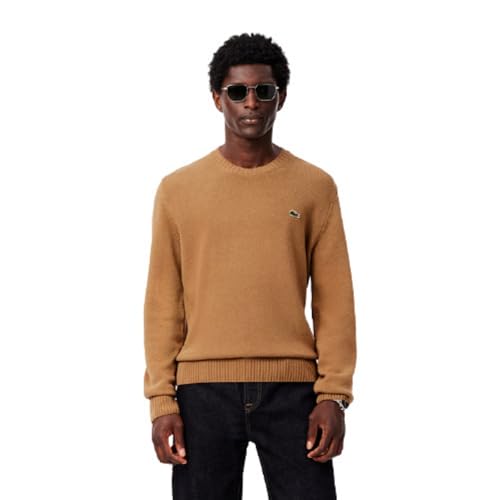 Lacoste Men's Carded Wool Crew Neck Knit Cookie, 5 Brown