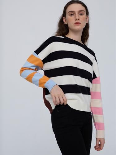 Image of Oversized Striped Sweater Women Color Block Batwing Sleeve Pullover Sweaters Fall Crewneck Knit Tops